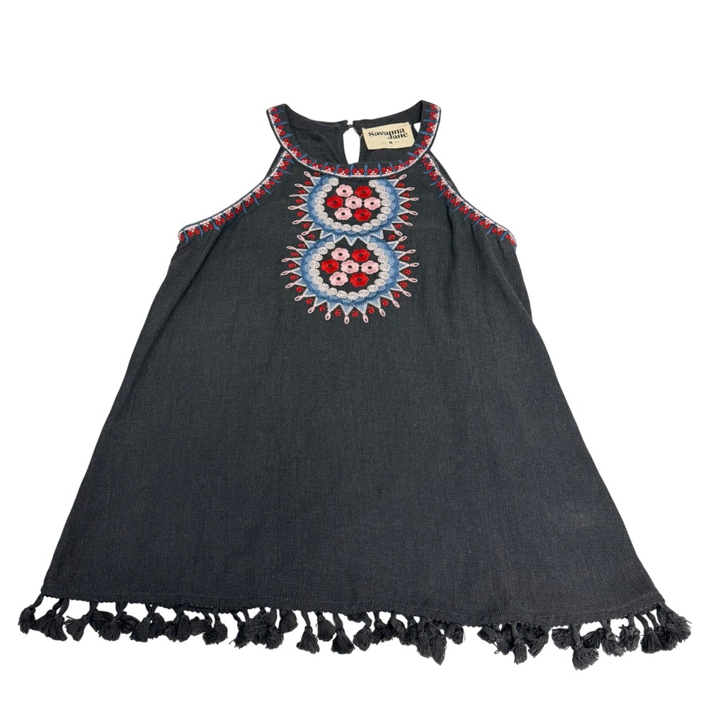 Savanna Jane Gray Embroidered Halter Top Tassel Hem Boho Sleeveless Blouse M